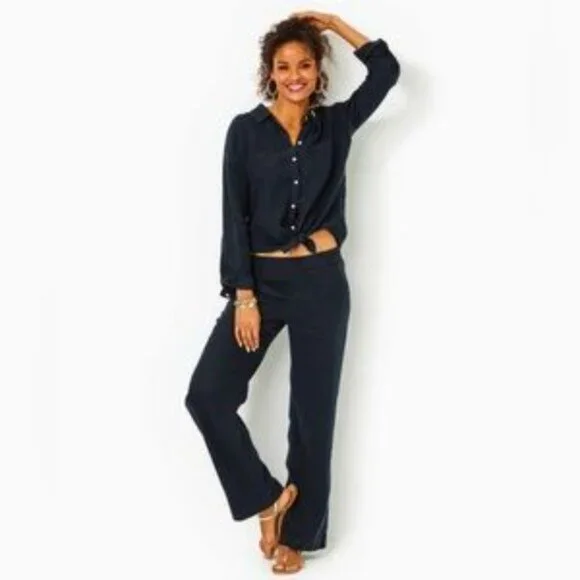 EUC Lilly Pulitzer "Deri" Black Woven Linen Wide-Leg Palazzo Pants Size Small - Picture 1 of 11